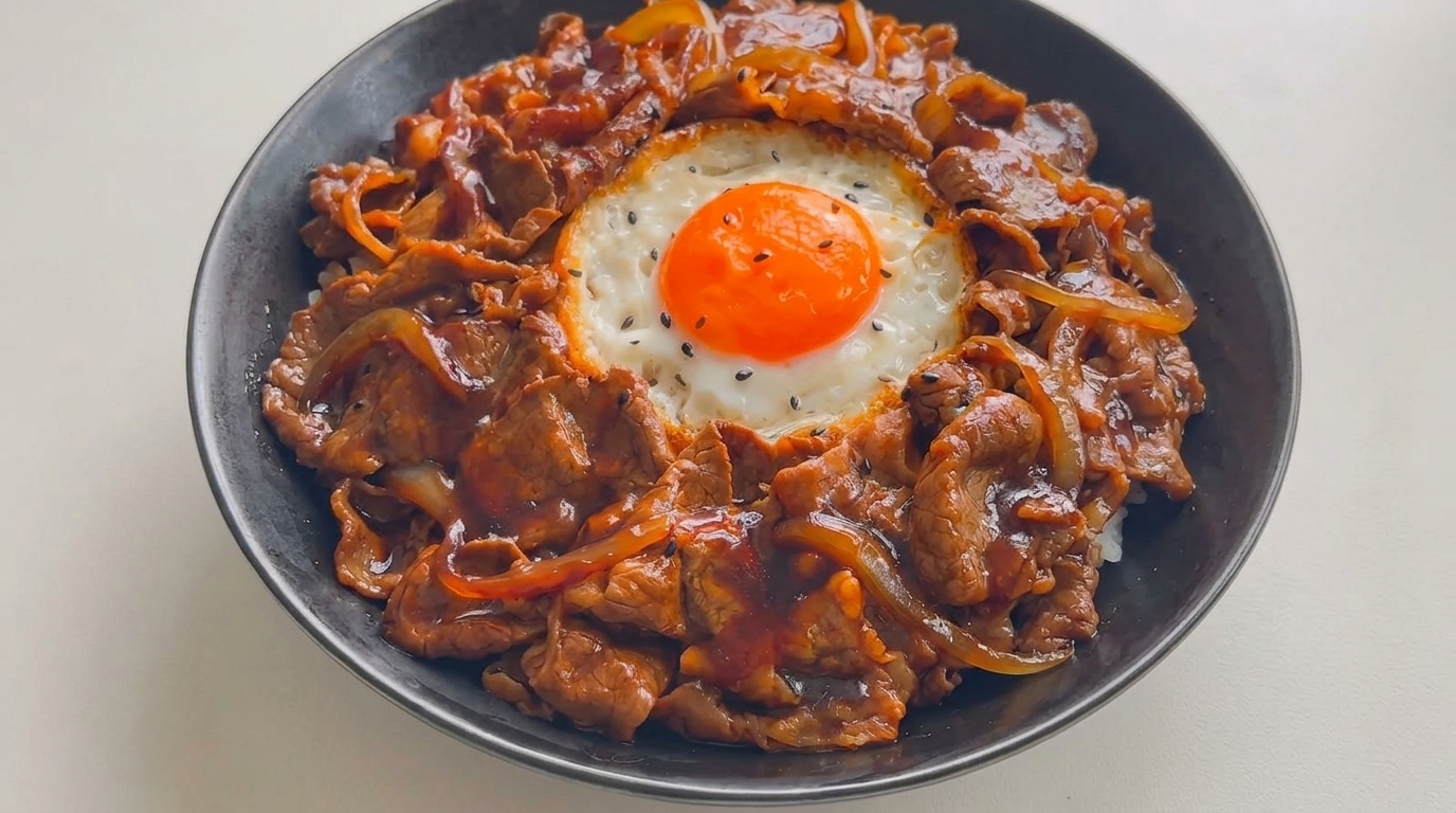 Un clásico Gyudon casero con ternera glaseada, cebolla tierna y un huevo frito brillante sobre una cama de arroz blanco.