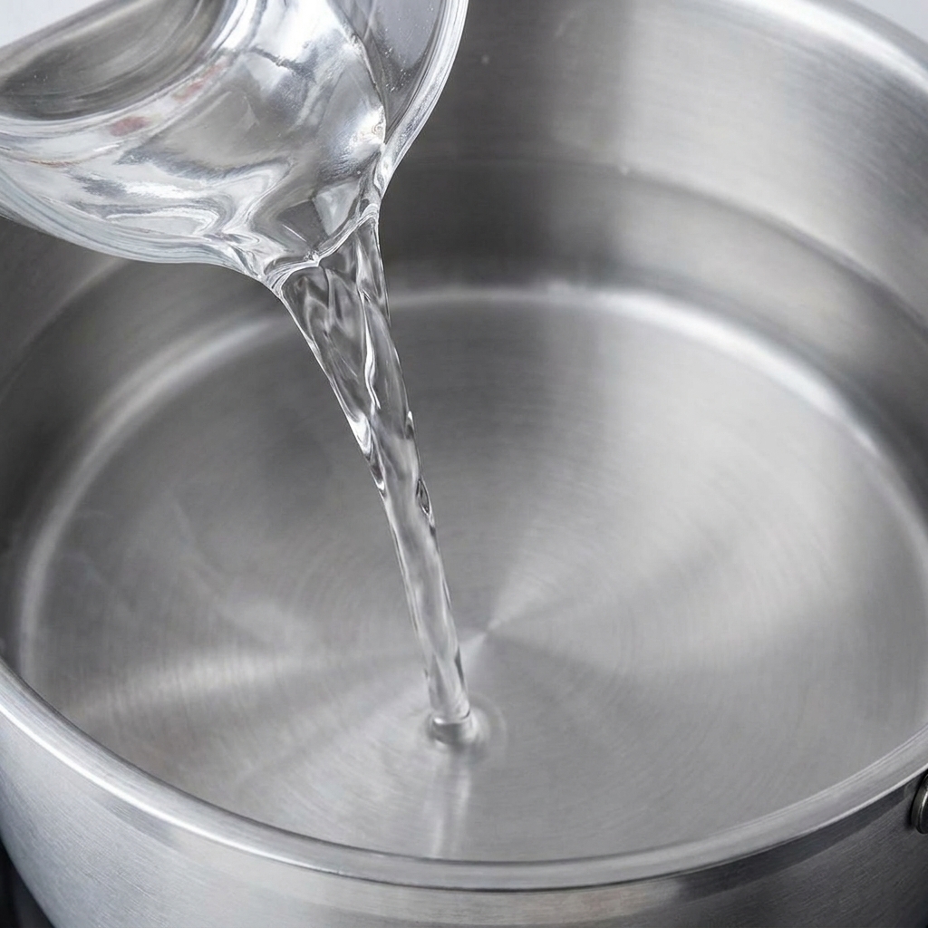 Sake transparente siendo vertido desde un recipiente de vidrio a una olla con agua.