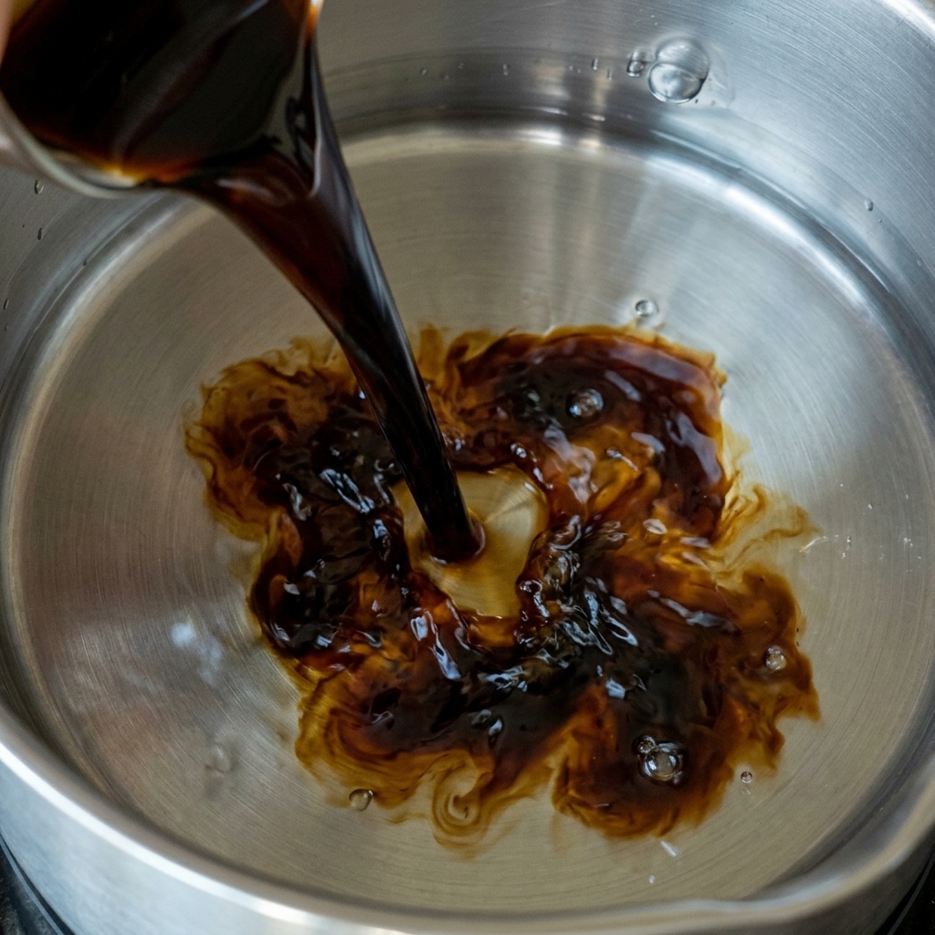 Salsa de soja oscura vertiéndose en una olla con líquido transparente, creando patrones oscuros al mezclarse.