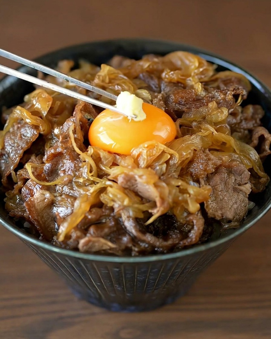 Palillos de metal colocando una pequeña porción de jengibre rallado de color amarillo pálido encima de una yema de huevo cruda en un tazón de carne japonés.