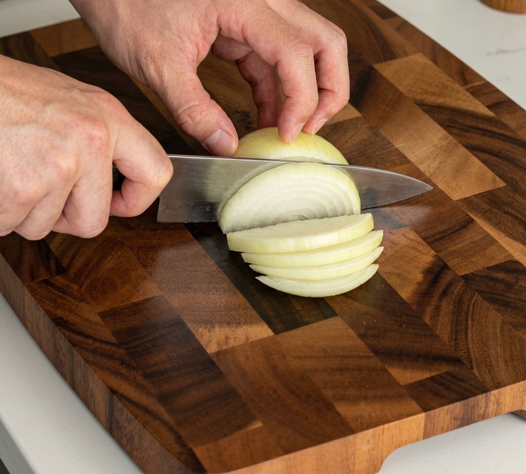 Una persona usando un cuchillo de cocina para cortar una cebolla blanca en gajos verticales gruesos sobre una tabla de madera oscura.
