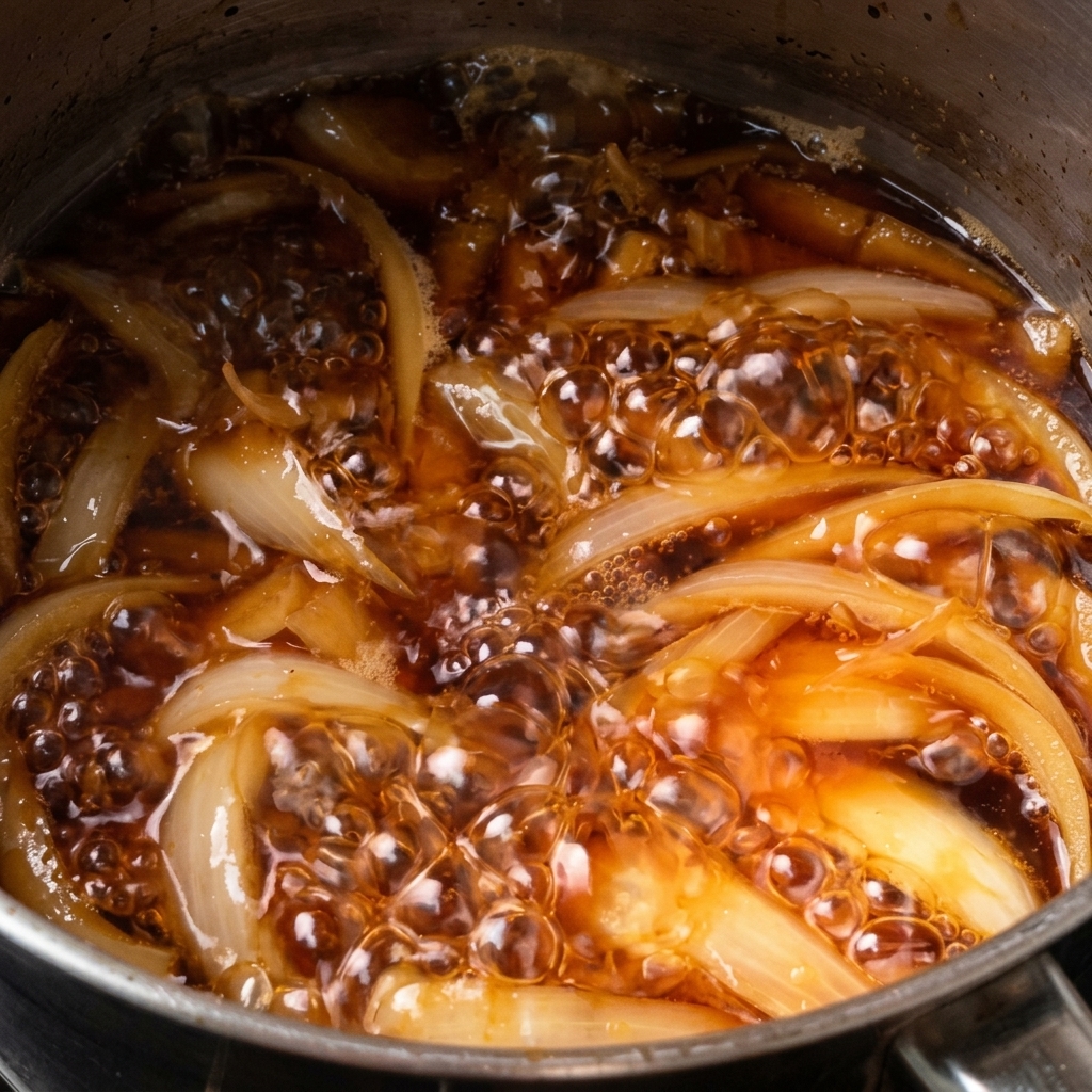 Primer plano de gajos de cebolla burbujeando en un caldo oscuro y sabroso, mostrando cómo la salsa empieza a glasear la verdura.