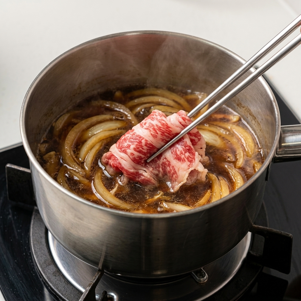 Palillos metálicos introduciendo láminas finas de ternera veteada cruda en una olla con cebolla y salsa marrón oscura.