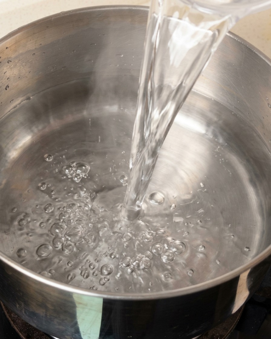 Agua limpia siendo vertida en una olla de acero inoxidable sobre la cocina.