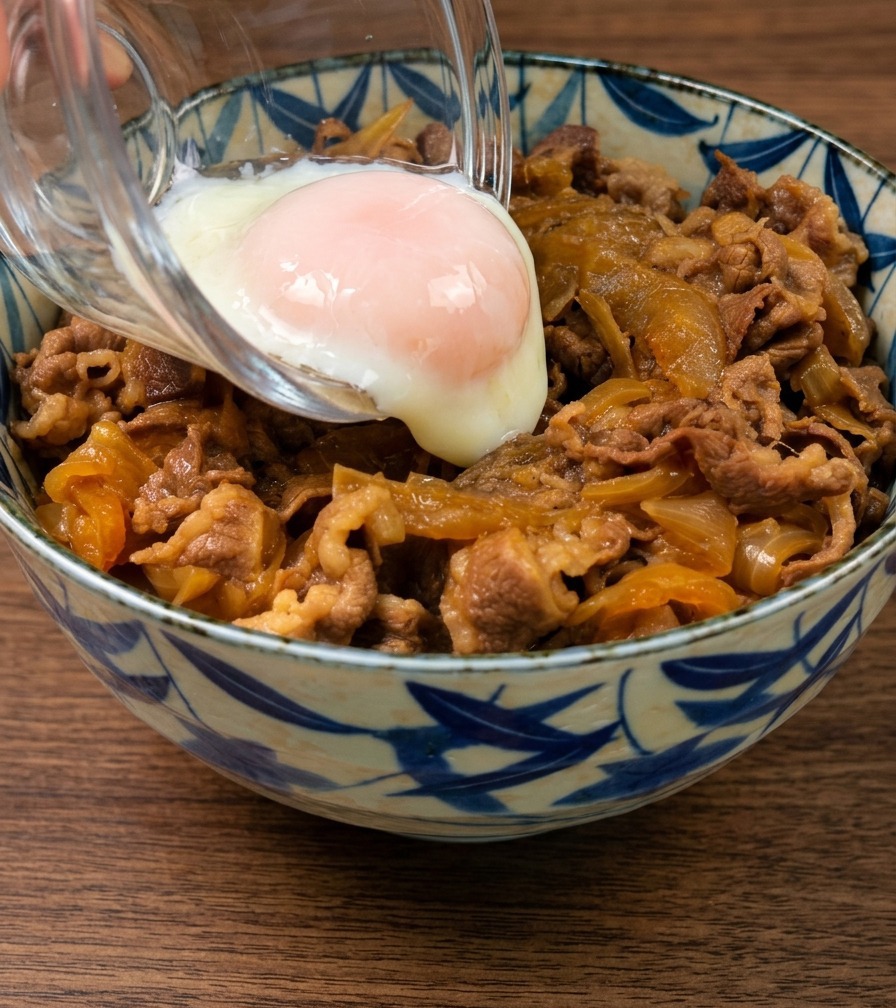Un huevo onsen con la clara sedosa deslizándose desde un cuenco de cristal sobre el tazón de carne y arroz.