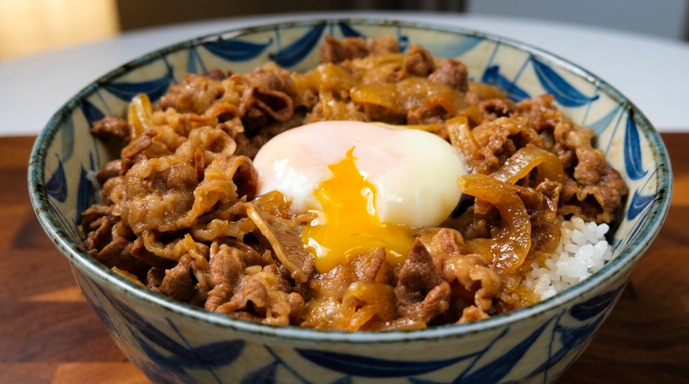 Gyudon japonés (tazón de ternera) con huevo onsen sedoso