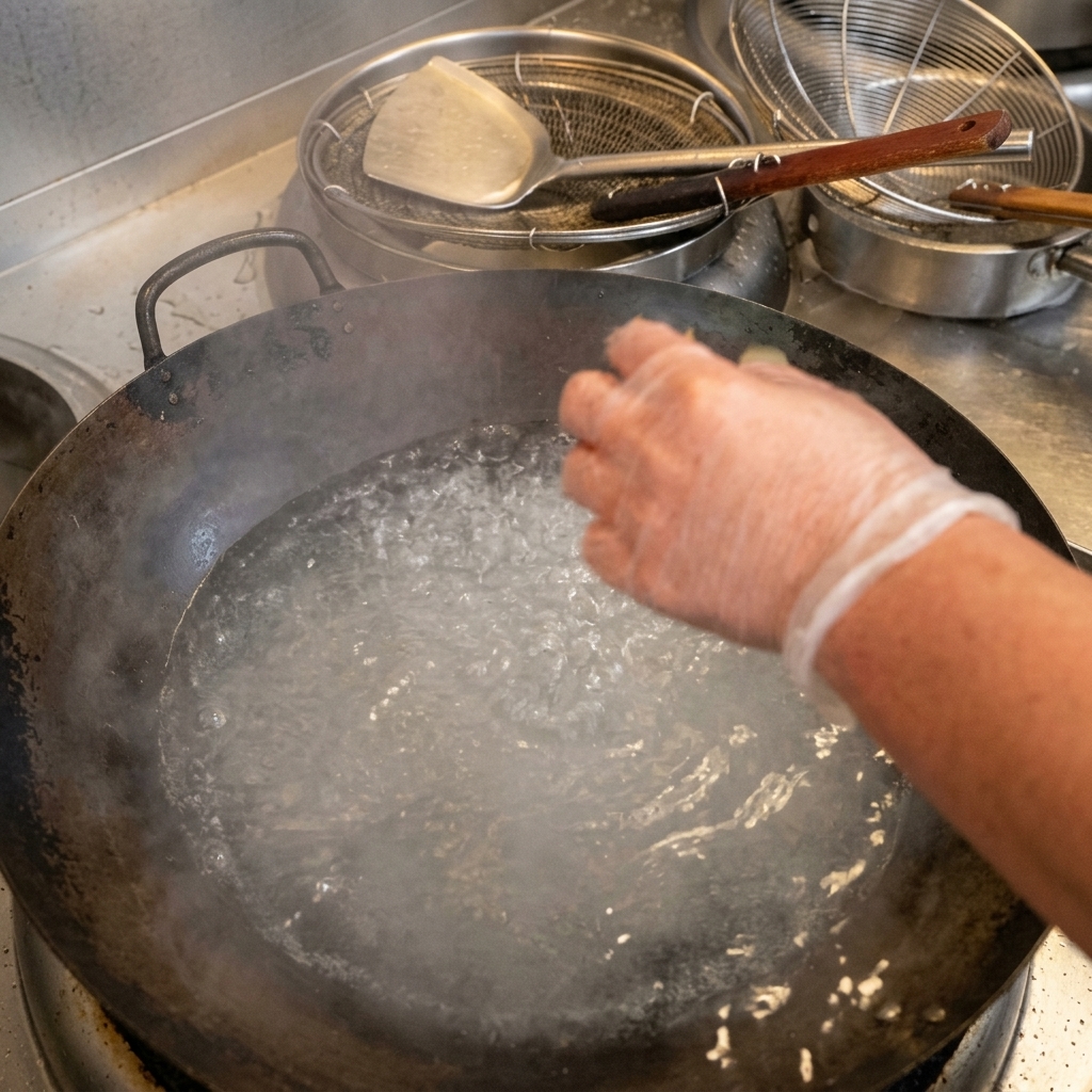 Una mano dejando caer una hoja de laurel en una olla con agua hirviendo, sal y mantequilla.