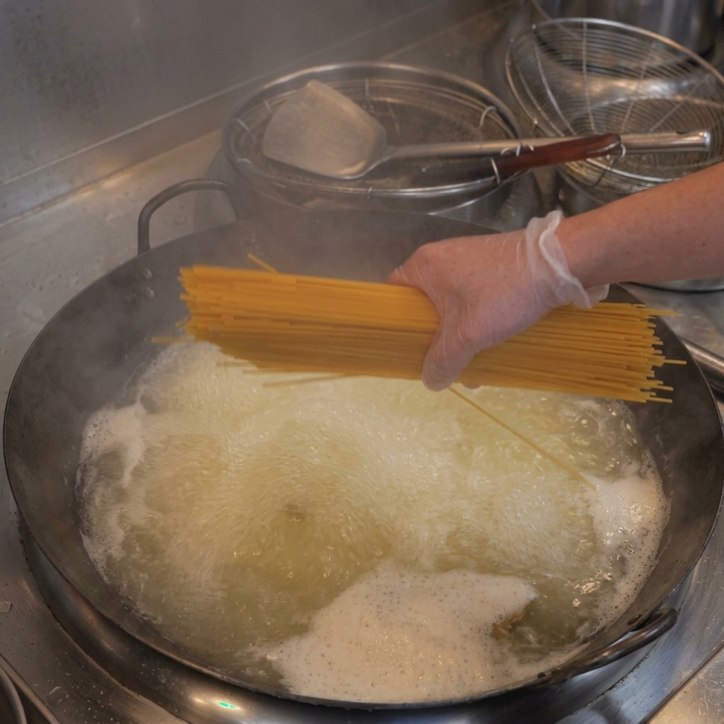 Espaguetis secos colocados en forma de abanico en una olla con agua hirviendo.