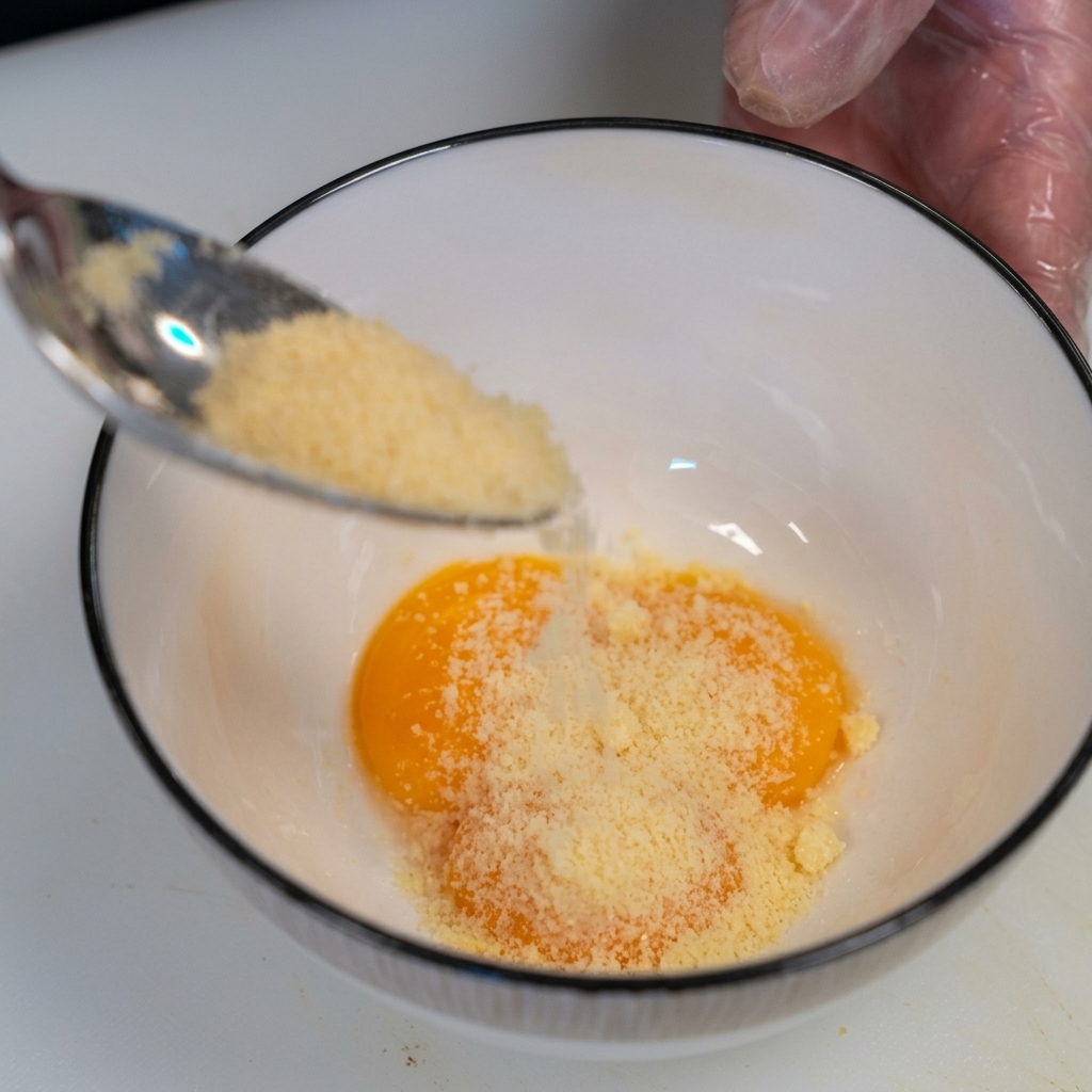 Vertiendo queso rallado sobre tres yemas de huevo frescas en un bol blanco pequeño.