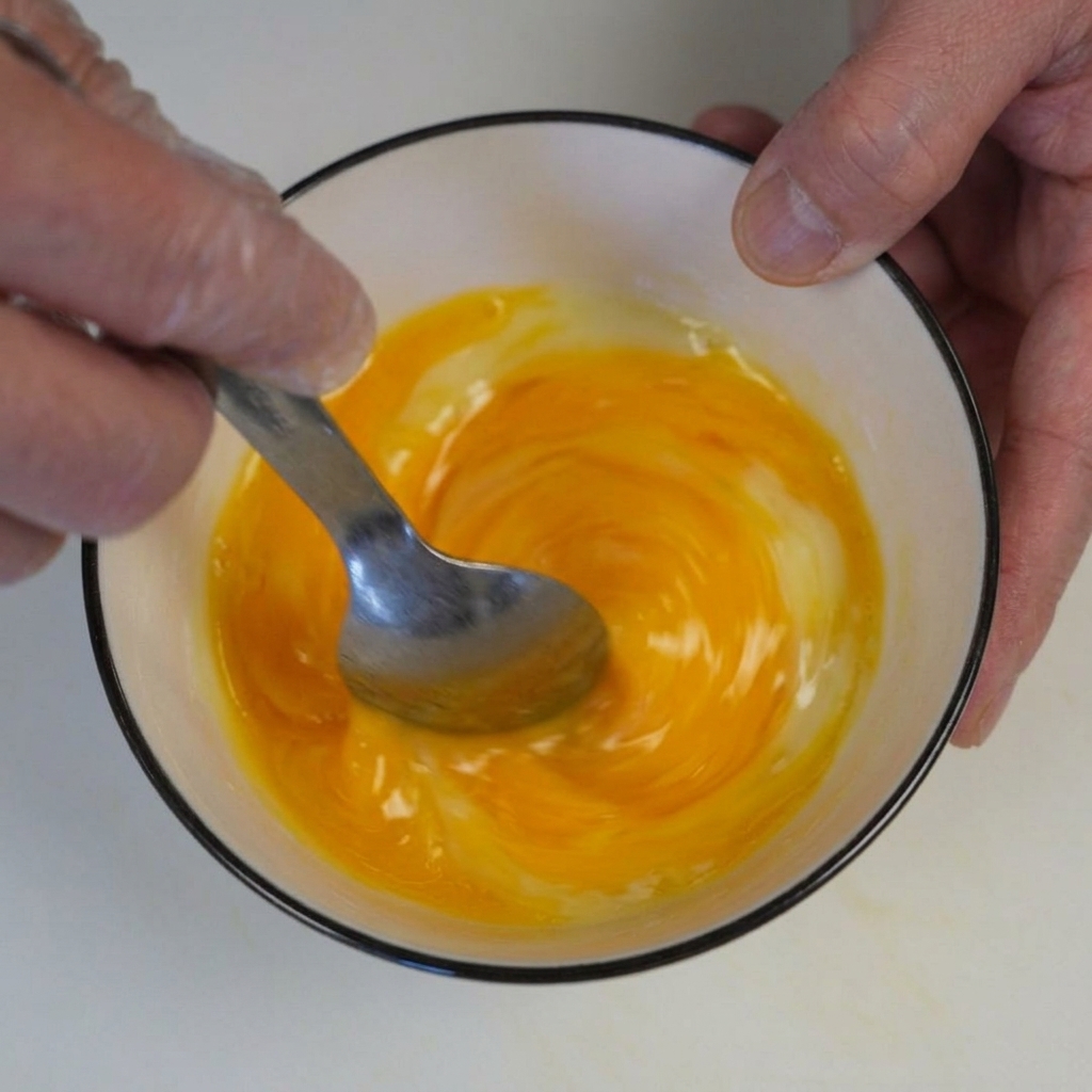 Mezclando vigorosamente las yemas y el queso con una cuchara hasta formar una pasta suave.
