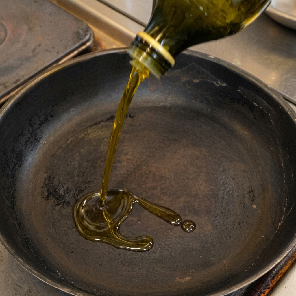 Vertiendo un chorrito de aceite de oliva virgen extra en una sartén oscura.