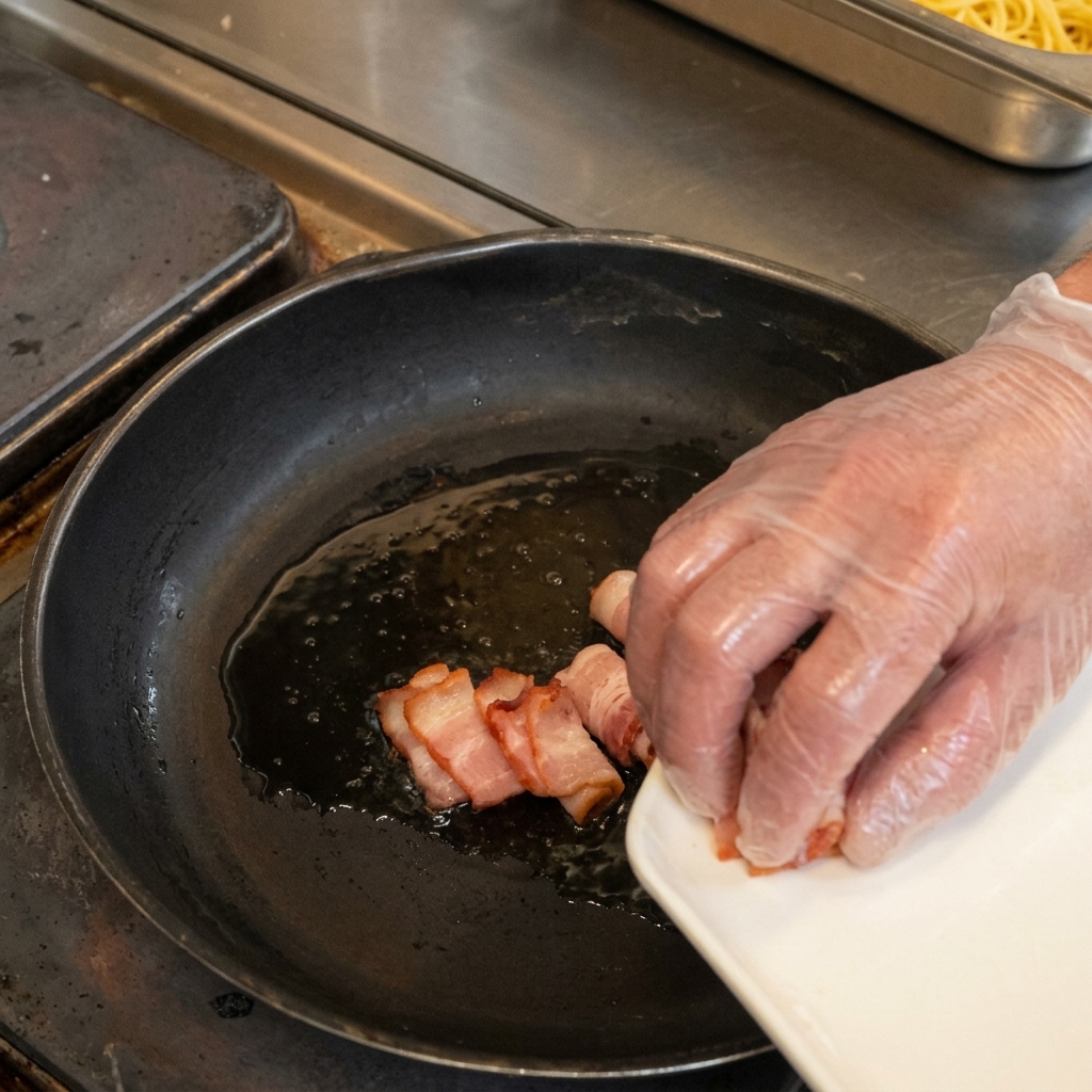 Trozos de tocino deslizándose desde un plato hacia la sartén caliente con aceite.