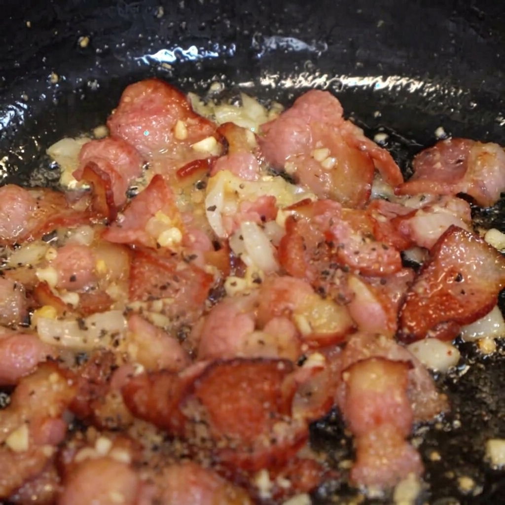 Tocino y cebolla burbujeando en la sartén mientras se espolvorea pimienta negra molida.