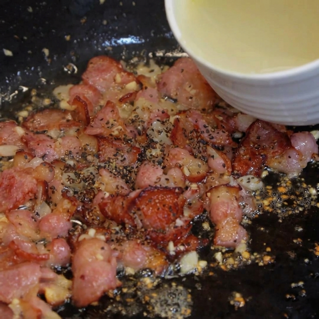 Vertiendo un cucharón de agua de cocción turbia en la sartén con el tocino.