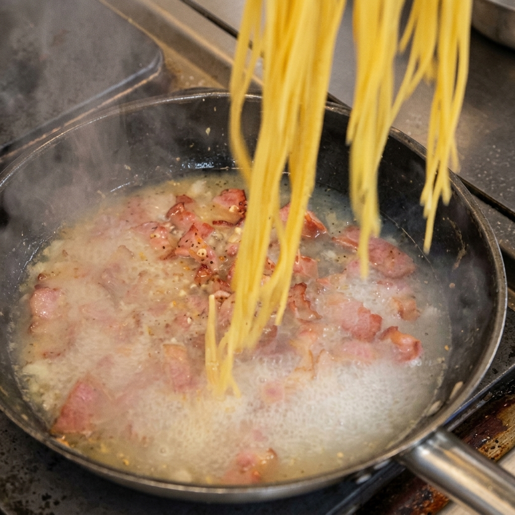 Espaguetis cocidos siendo transferidos directamente de la olla a la sartén con el sofrito.