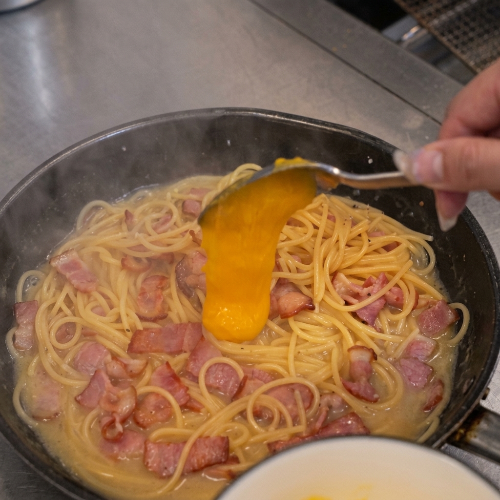 Vertiendo la crema de yemas y queso sobre la pasta caliente fuera del fuego.