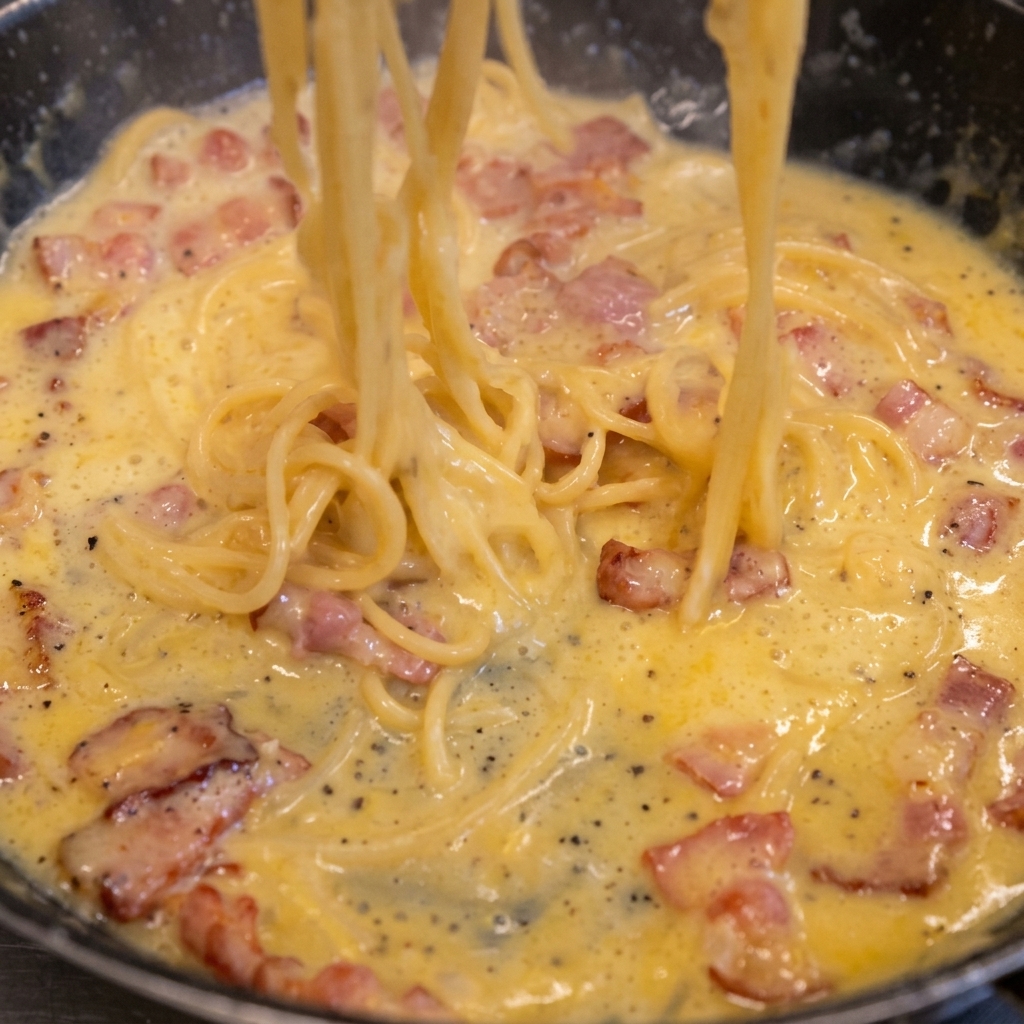 Mezclando la pasta con la salsa de yema hasta que quede brillante y sedosa.