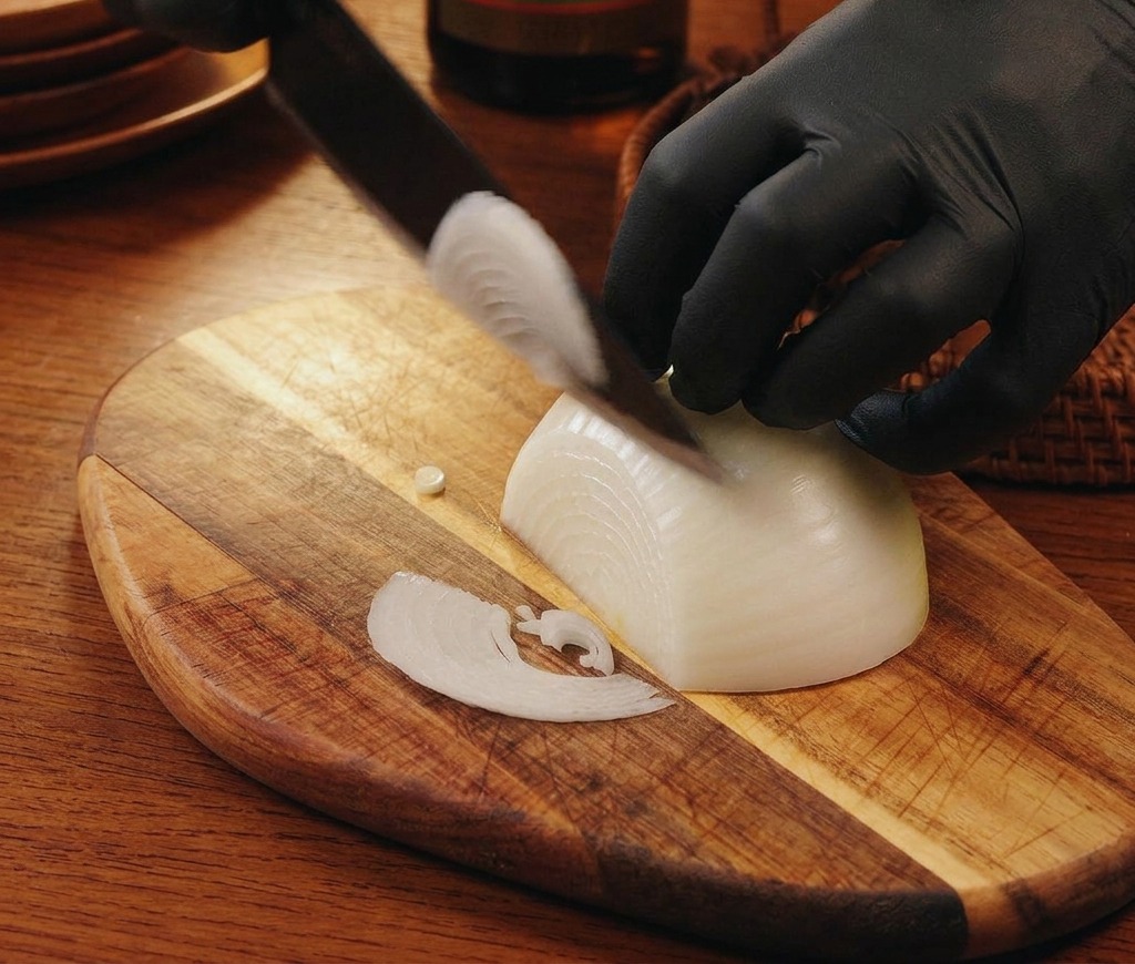 Una persona con guantes negros cortando cuidadosamente una cebolla blanca en láminas finas sobre una tabla de cortar de madera.