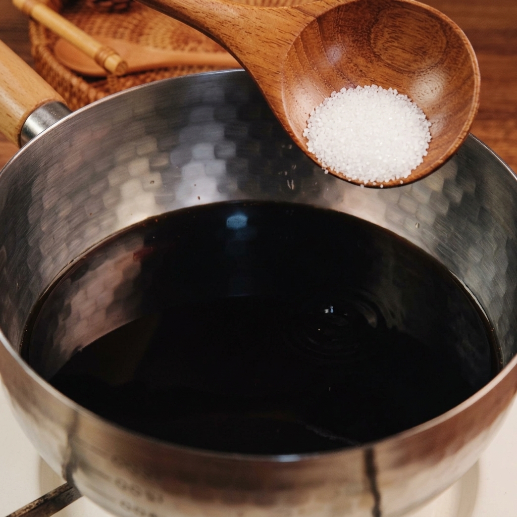 Una cuchara de madera sosteniendo azúcar blanco granulado sobre una olla de acero inoxidable llena de líquido oscuro.
