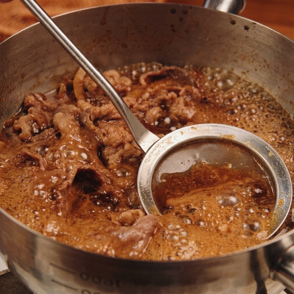 Un espumador de malla fina retirando impurezas marrones de la superficie de una olla hirviendo con ternera y caldo sabroso.