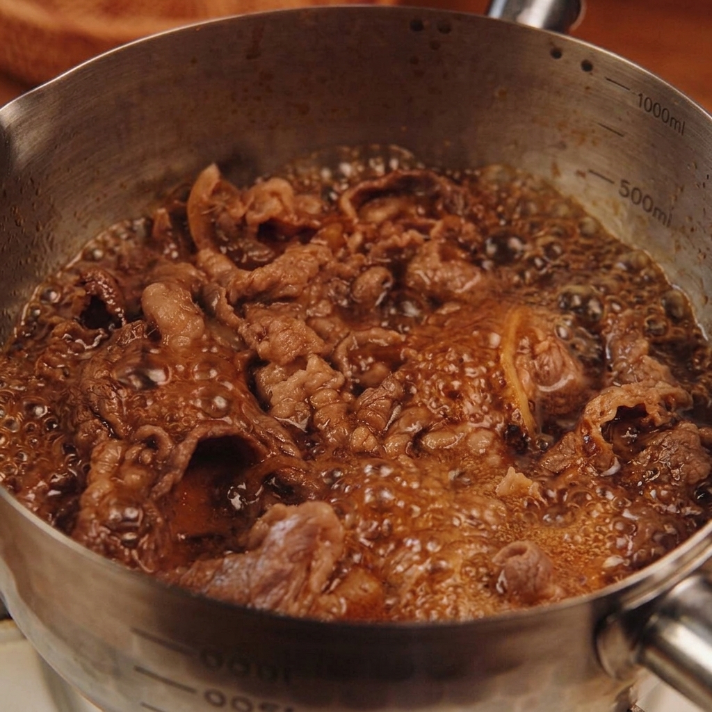 Láminas finas de ternera cocinada y cebollas translúcidas cocinándose a fuego lento en un caldo marrón oscuro y rico dentro de una olla metálica con marcas de volumen.