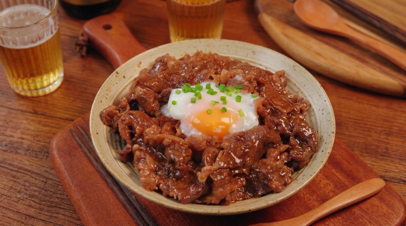 Un bol clásico de Gyudon al estilo Yoshinoya con ternera tierna, cebollas translúcidas y un huevo onsen perfectamente líquido.