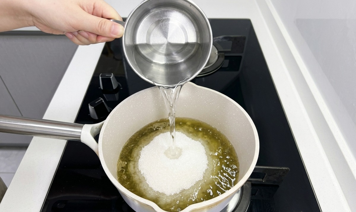 Agua siendo vertida desde una taza de acero inoxidable en una cacerola que contiene comino en polvo y condimentos blancos.