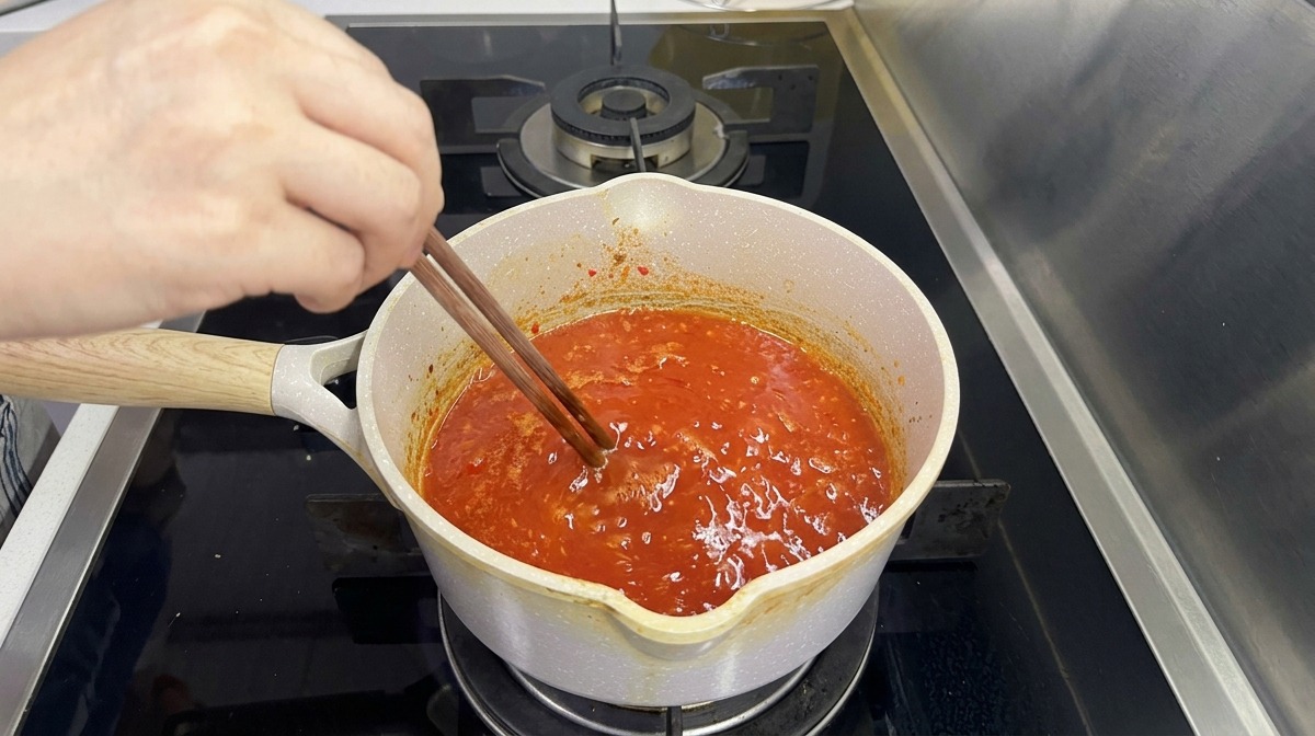 Una olla pequeña con salsa de chile rojo brillante y ajo hirviendo a fuego lento en la estufa, siendo removida con palillos de madera.