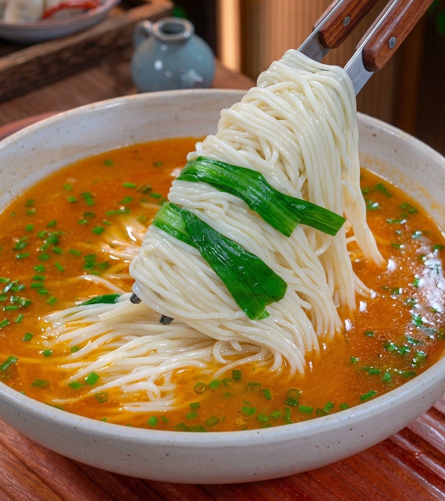 Un fajo de fideos blancos y vegetales verdes blanqueados levantándose con palillos hacia un tazón de sopa naranja.