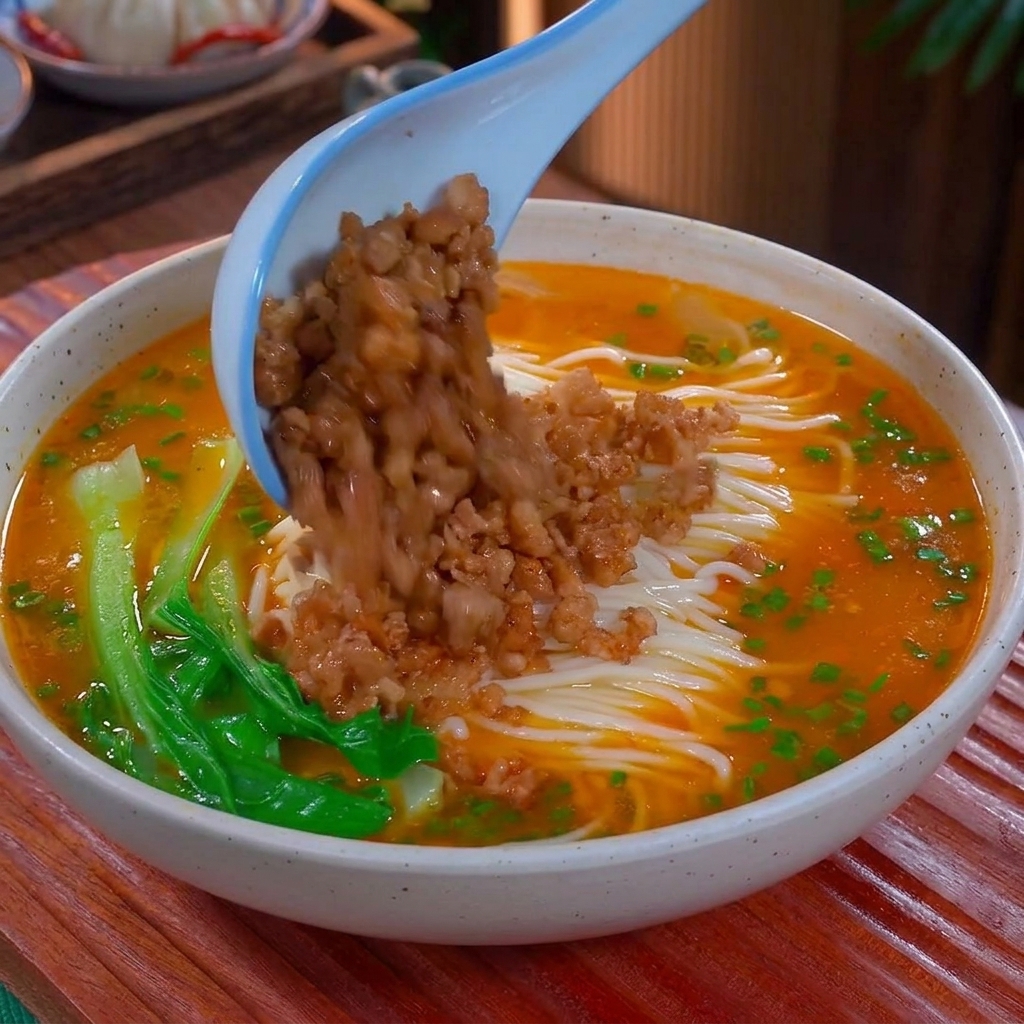 Una cuchara de cerámica azul vertiendo una porción de carne picada cocinada en un tazón de fideos con un caldo de color naranja rojizo vibrante adornado con bok choy.