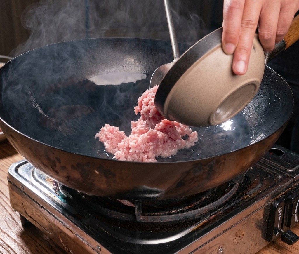 Carne de cerdo picada salteándose en un wok negro grande con vapor saliendo, mientras la grasa empieza a derretirse.