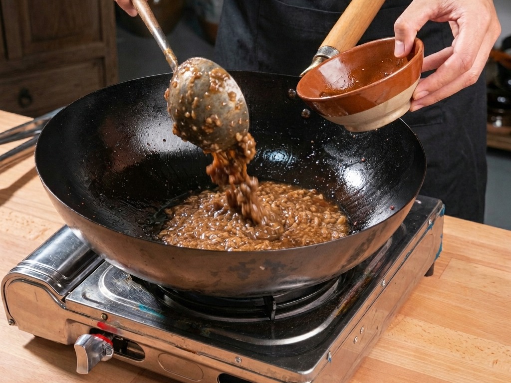 Brotes oscuros finamente picados que se añaden desde un pequeño cuenco de arcilla a un wok con carne dorada.