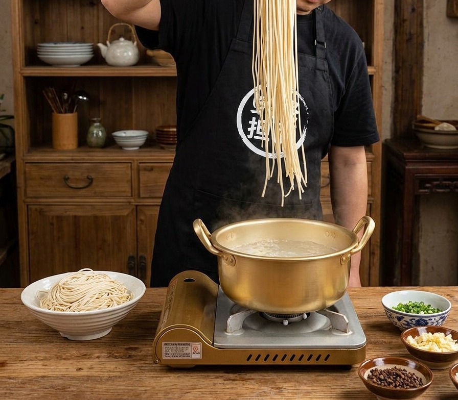 Un manojo de fideos finos sumergiéndose en una olla de color dorado con agua hirviendo.