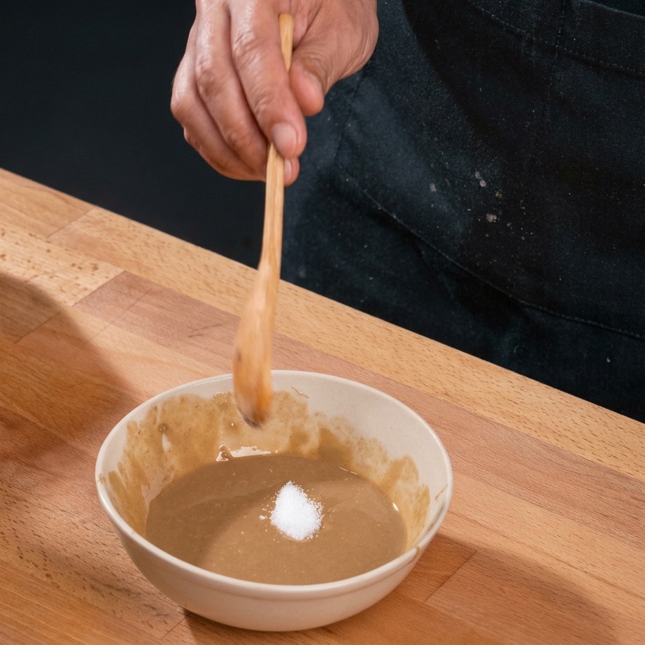 Una mano echando una pizca de condimento blanco en un bol con salsa de color marrón claro usando una cuchara de madera.