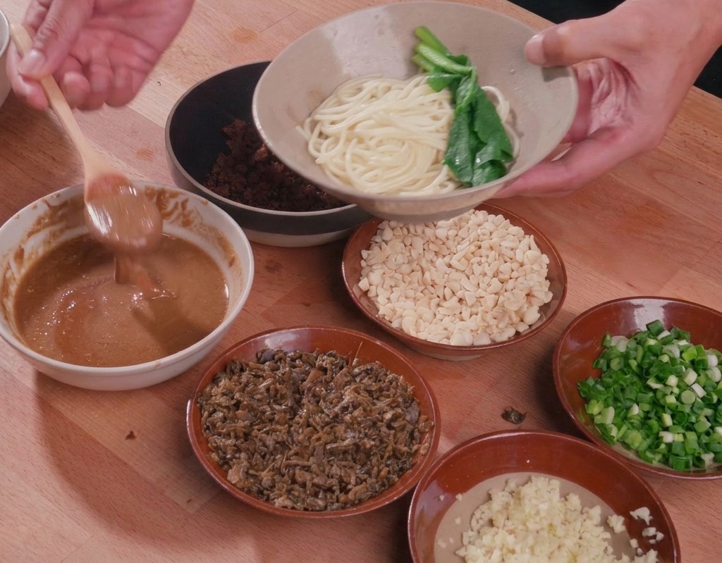 Una cuchara de madera rociando una salsa de sésamo espesa sobre un bol de fideos cocidos acompañados de un verde bok choy.