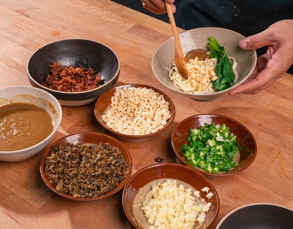 Una cuchara de madera añadiendo cacahuetes picados a un bol de fideos Dandan con salsa y verduras, rodeado de pequeños cuencos con más ingredientes.