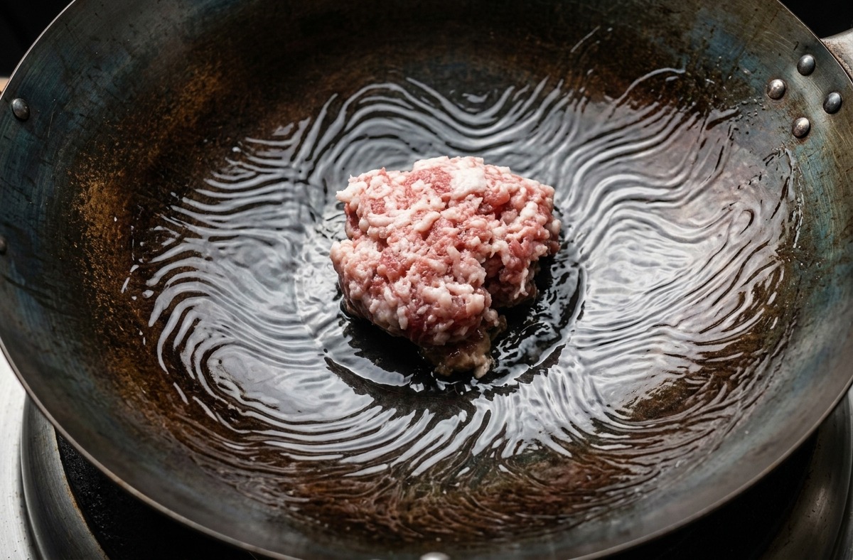 Montón de carne de cerdo picada cruda en un wok de acero al carbono con un poco de aceite de cocina transparente.