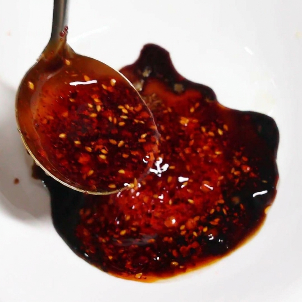 Aceite de chile de color rojo vivo con semillas de sésamo cayendo desde un cucharón a un bol blanco.