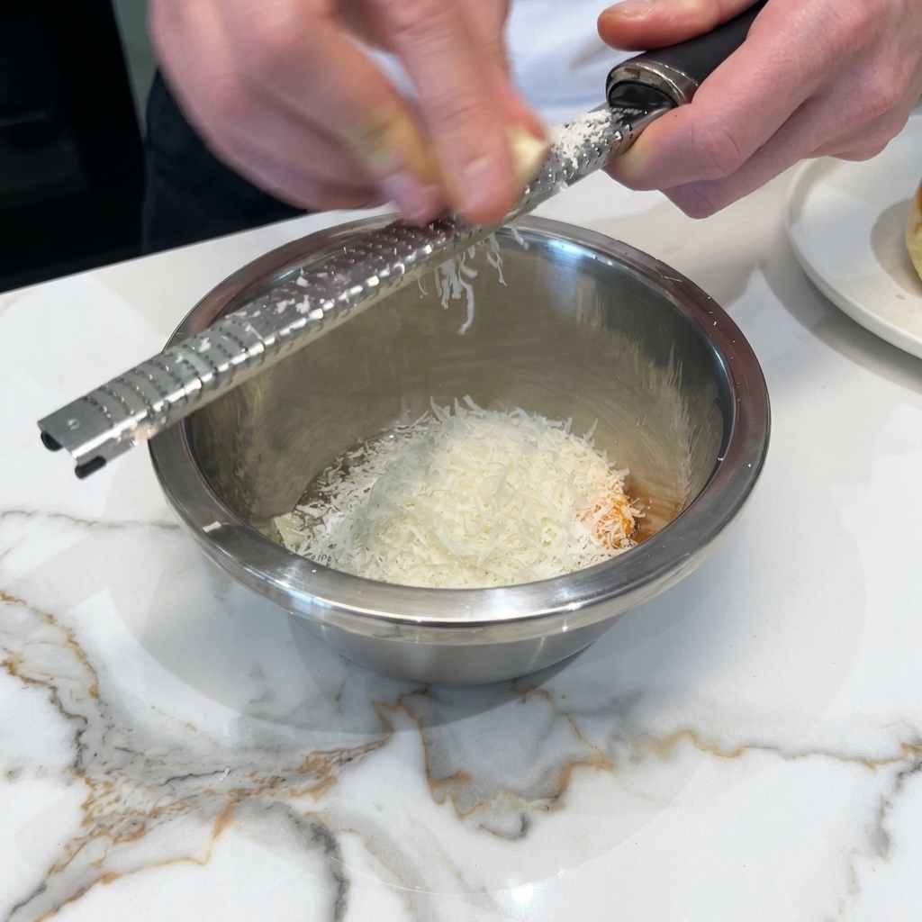 Un rallador microplane triturando un bloque de queso blanco sobre un bol con huevo.