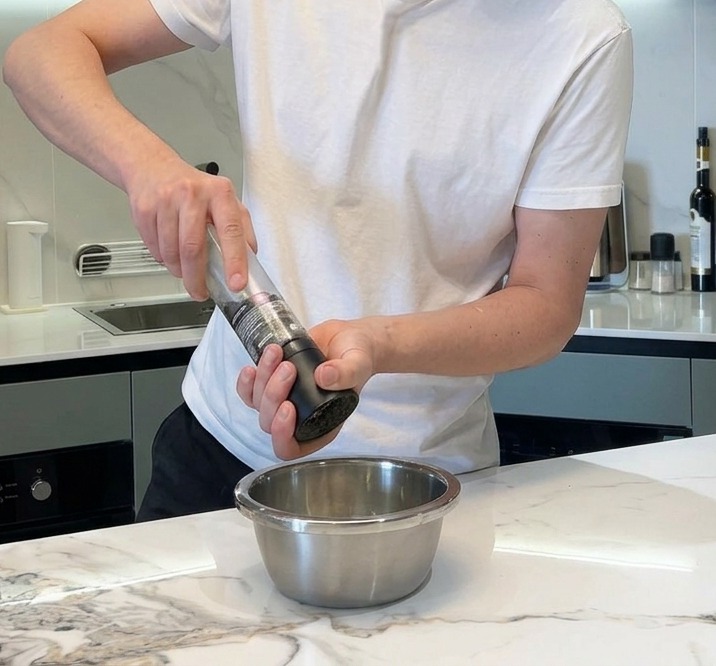 Manos usando un molinillo de pimienta para moler pimienta fresca en un bol de acero inoxidable.