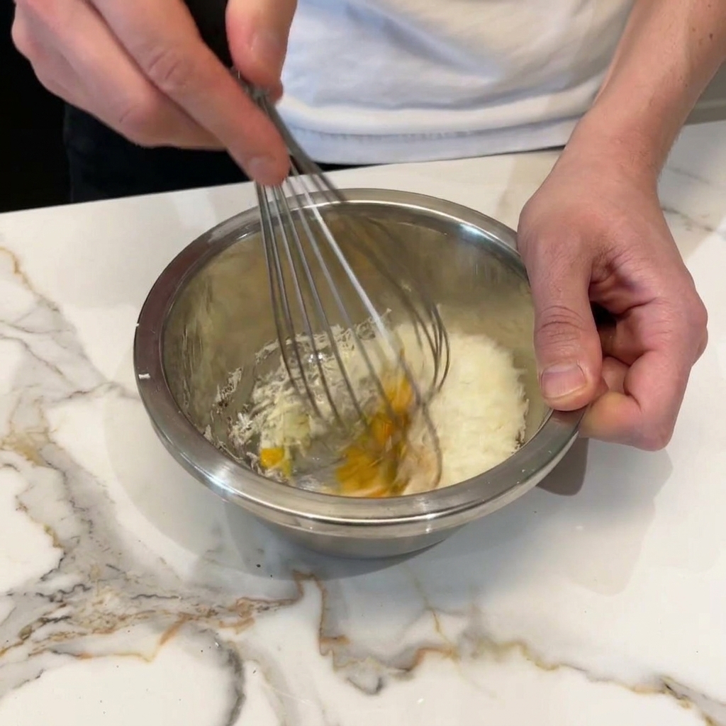 Un batidor de varillas mezclando yemas de huevo y queso rallado en un bol metálico para crear una base espesa.