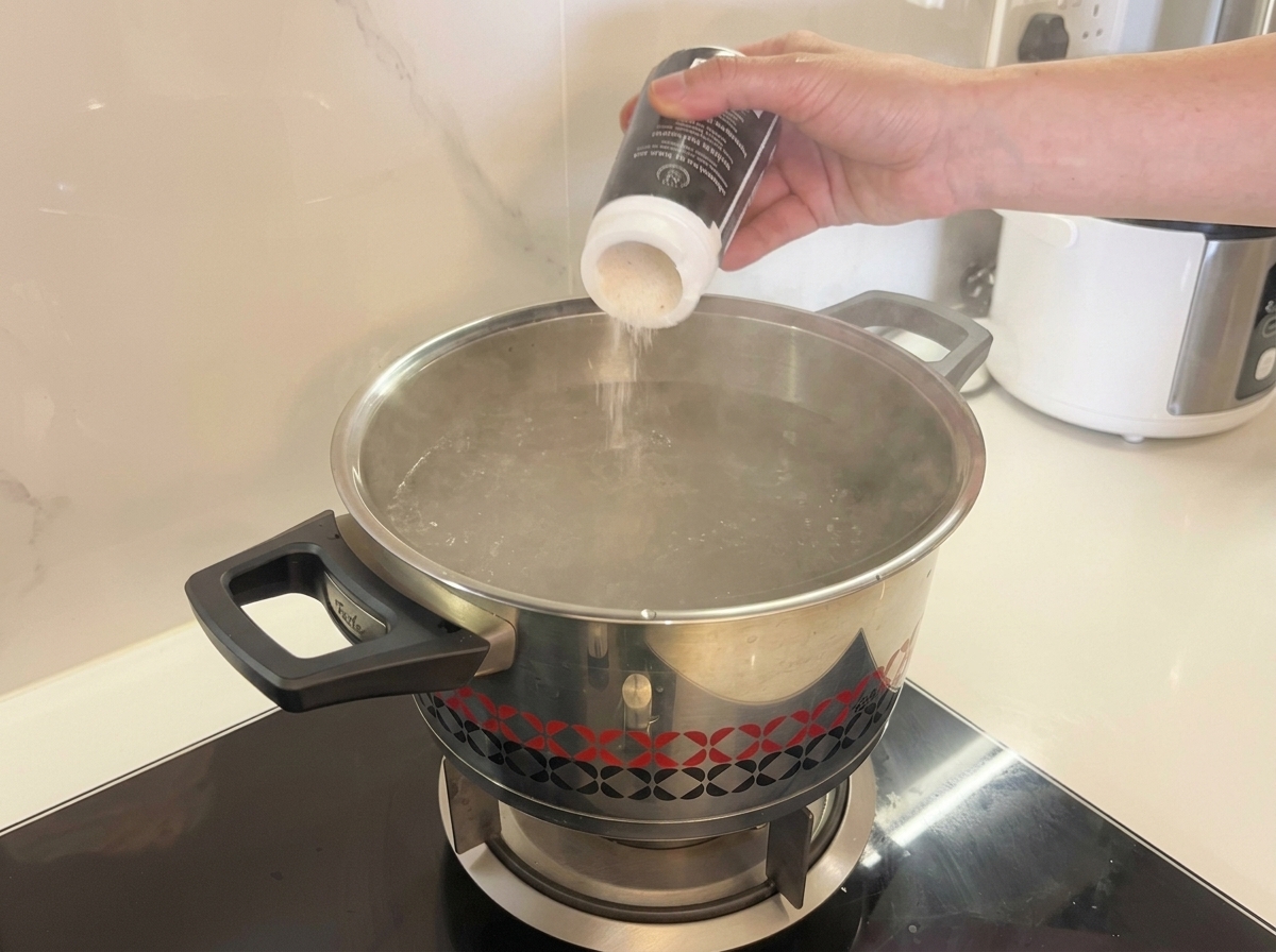 Una mano vertiendo sal blanca fina desde un recipiente en una olla de acero inoxidable con agua hirviendo.