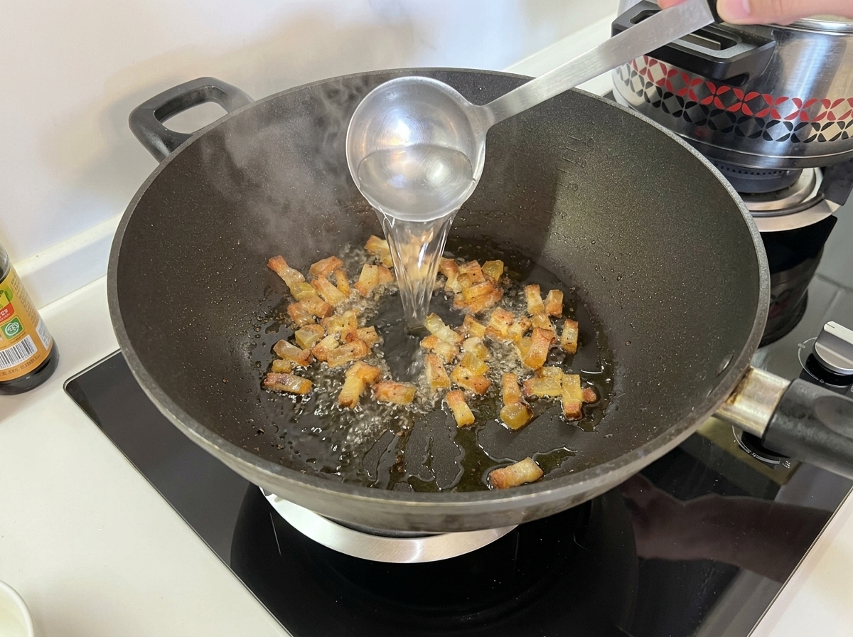 Un cazo de metal vertiendo agua caliente de la pasta en un wok con guanciale crujiente y grasa burbujeante.