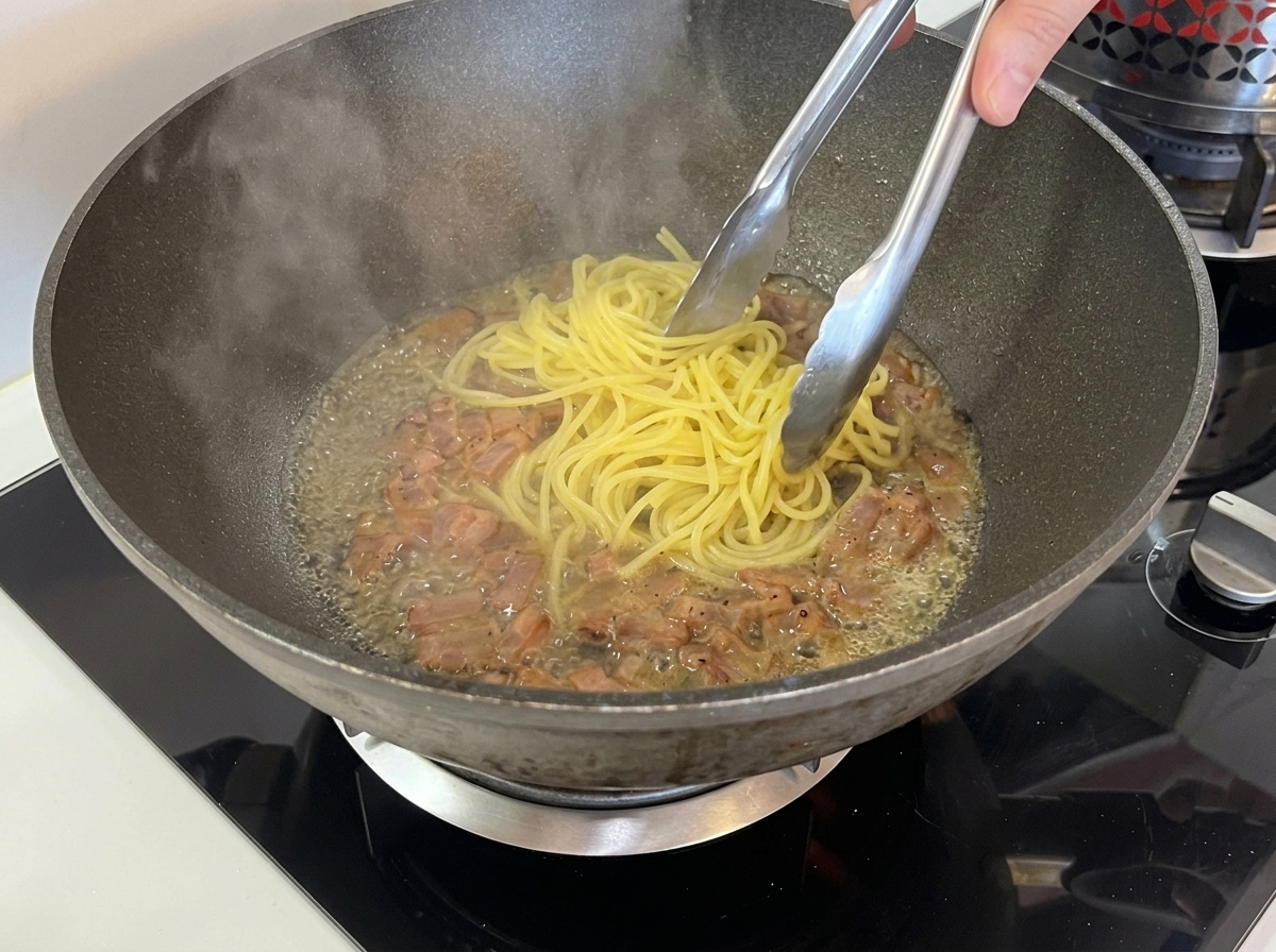 Pinzas metálicas transfiriendo espaguetis cocidos a un wok con guanciale crujiente y un poco de líquido caliente.