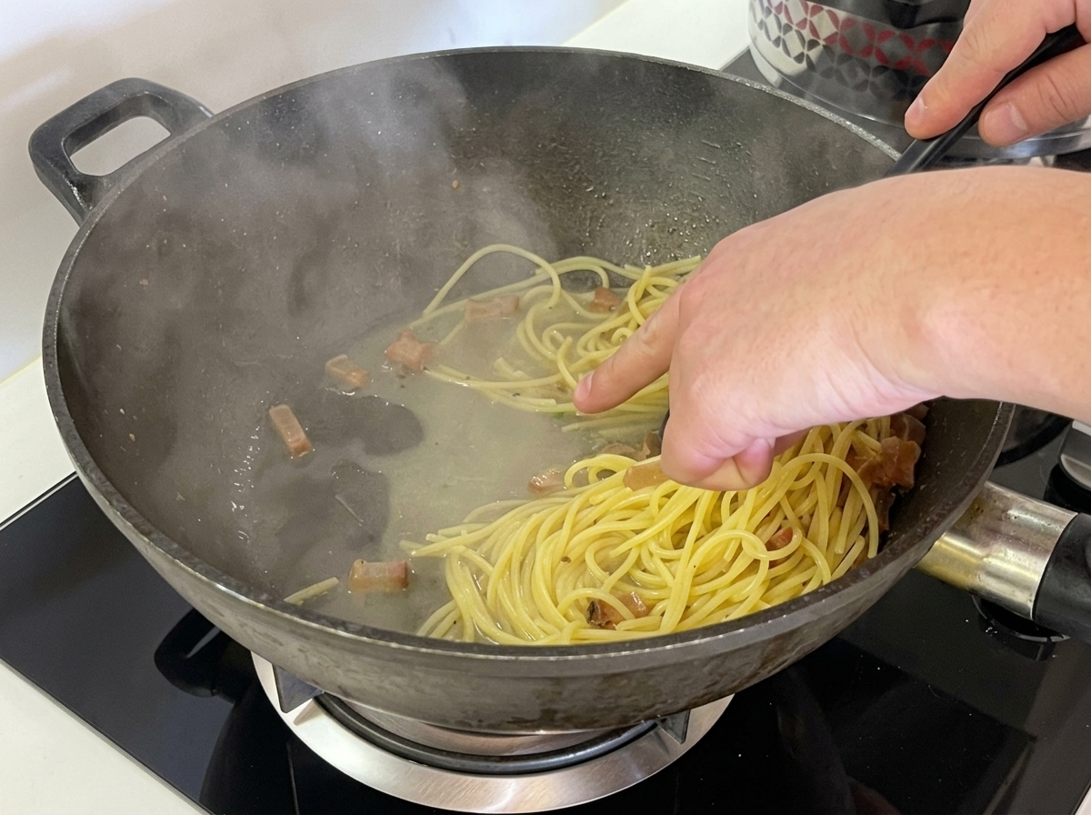 Una mano señalando una pequeña cantidad de agua de pasta acumulada en el fondo de un wok lleno de espaguetis y guanciale.