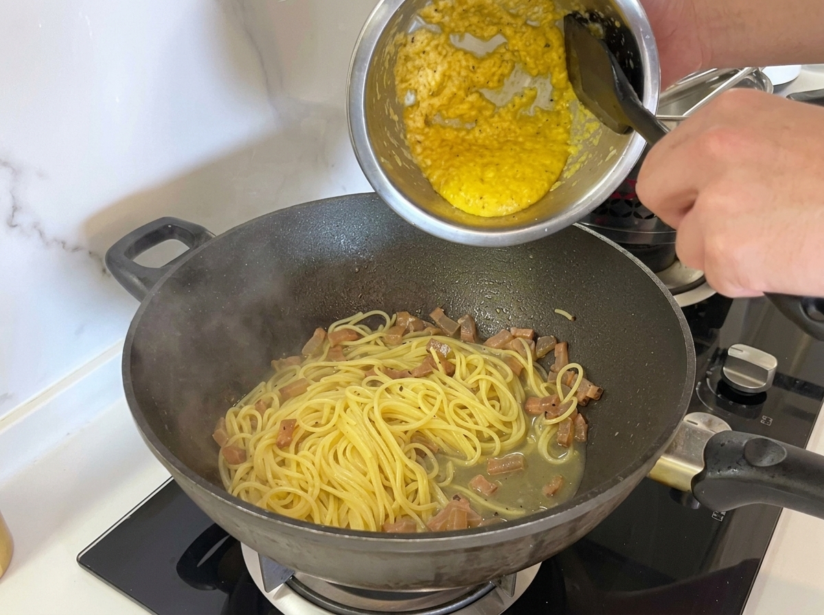 Vertiendo una mezcla espesa de huevo amarillo y queso rallado desde un bol metálico sobre espaguetis y guanciale en un wok oscuro.