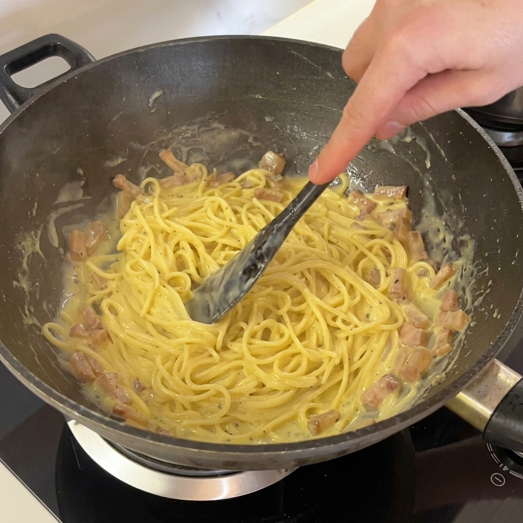 Espaguetis cubiertos por una salsa de huevo y queso rica, brillante y de color amarillo pálido, mezclada con trozos de guanciale en un wok.