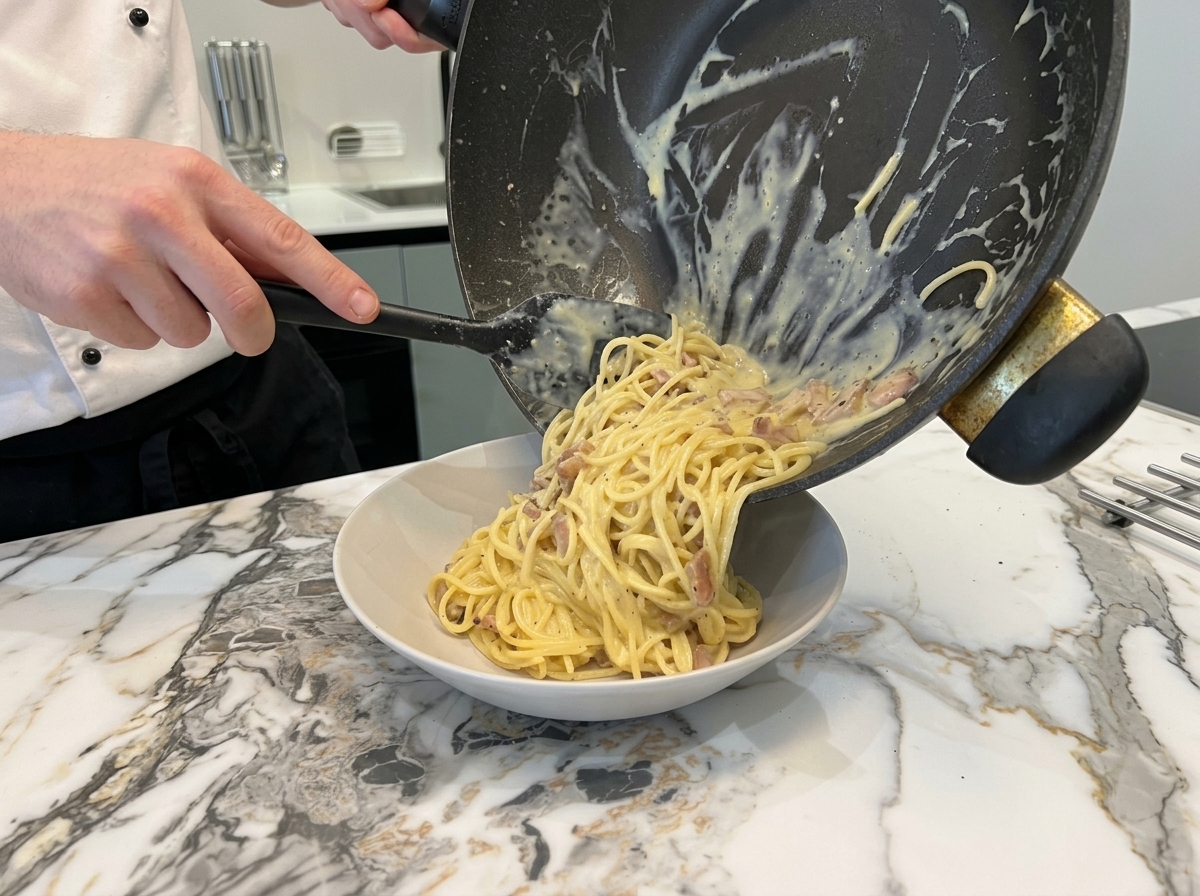 Deslizando carbonara rica y cremosa con trozos de guanciale desde un wok oscuro a un bol blanco.