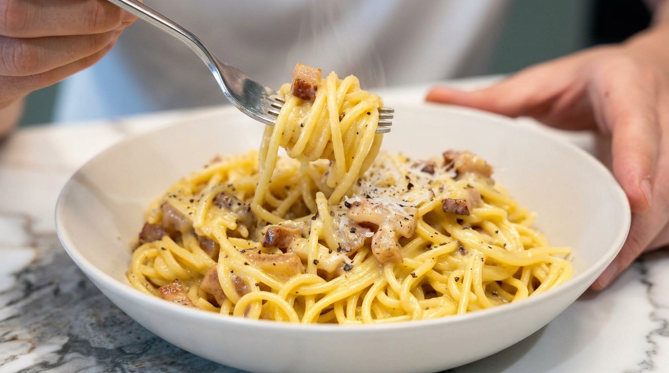 Una clásica carbonara romana con salsa de huevo sedosa, guanciale crujiente y pimienta negra recién molida.