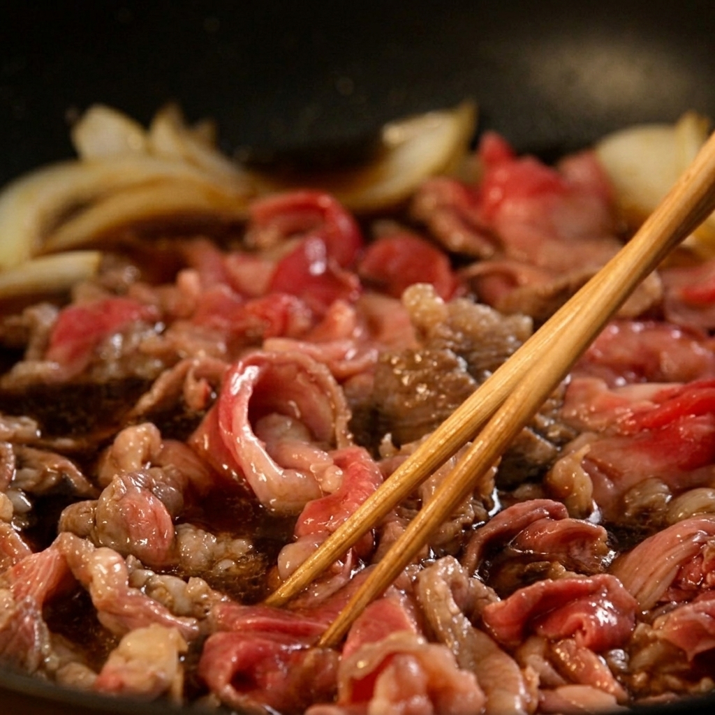 Láminas finas de carne y cebolla hirviendo en una salsa marrón oscura mientras se remueven con un par de palillos de madera.